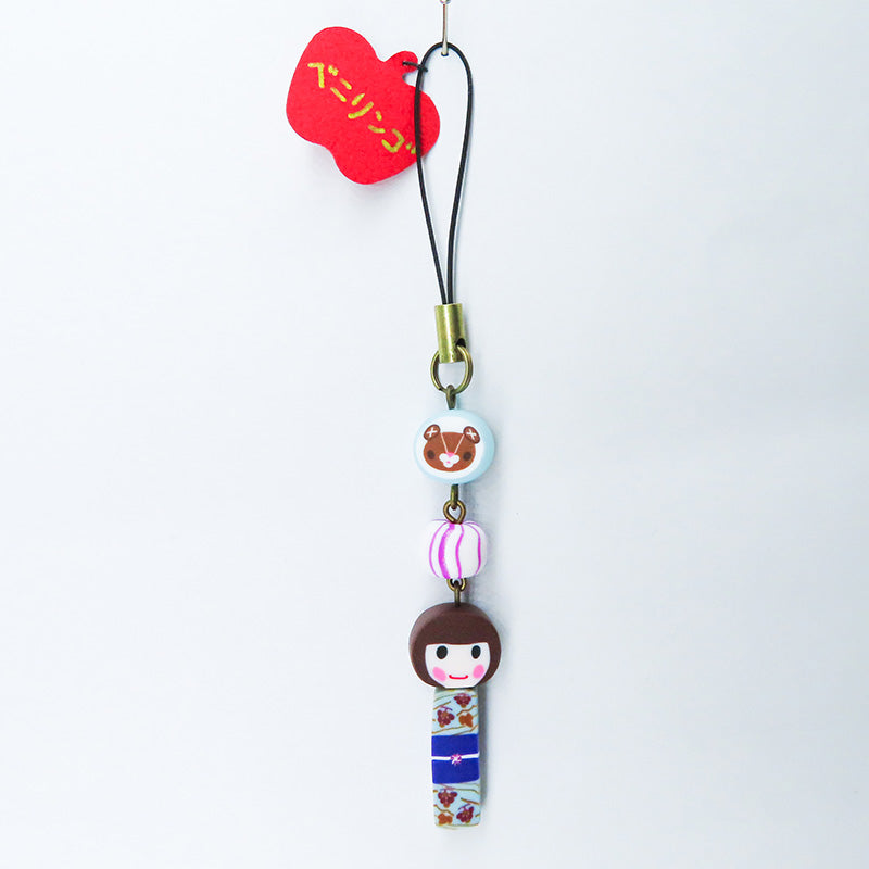 おかっぱちゃん×あい吉くんストラップ (水色:ブドウ柄)