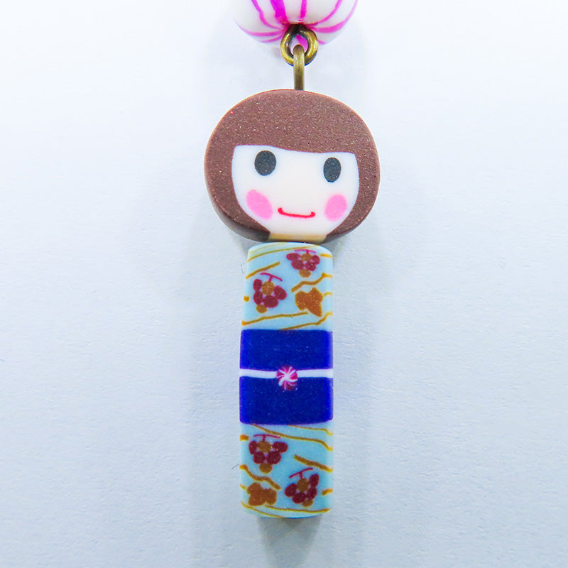 おかっぱちゃん×あい吉くんストラップ (水色:ブドウ柄)