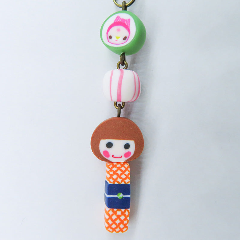 おかっぱちゃん×くるみちゃんストラップ (緑:七宝柄)