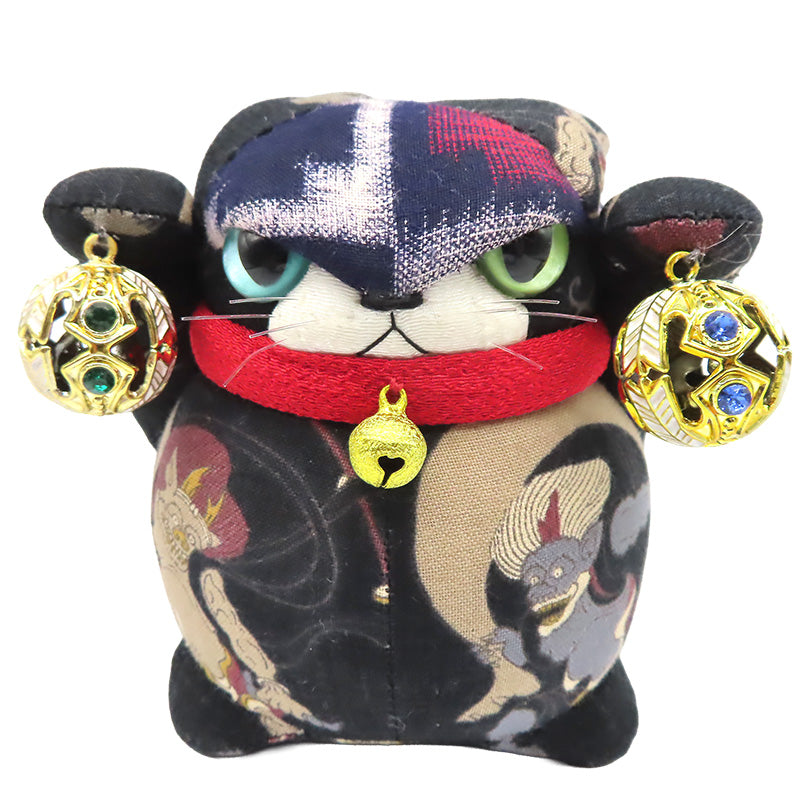 萩工房 わるねこ 鈴持ち（両手上げ） 風神雷神 座布団付き