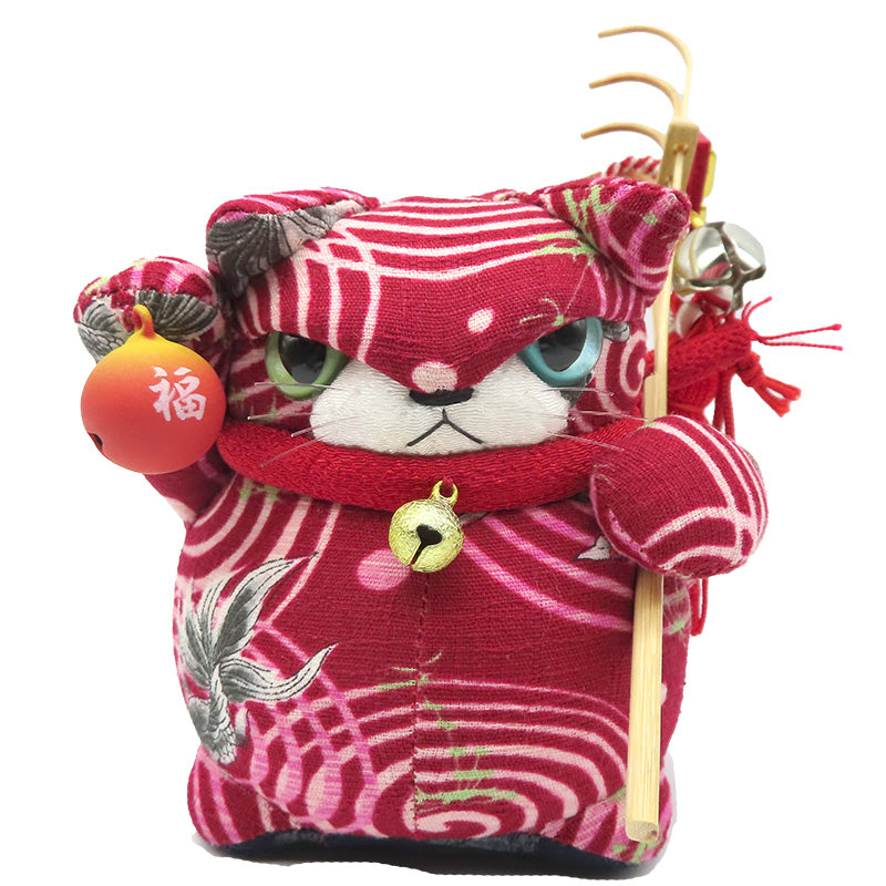 萩工房 わるねこ 熊手・鈴持ち 赤地に黒出目金柄 座布団付き