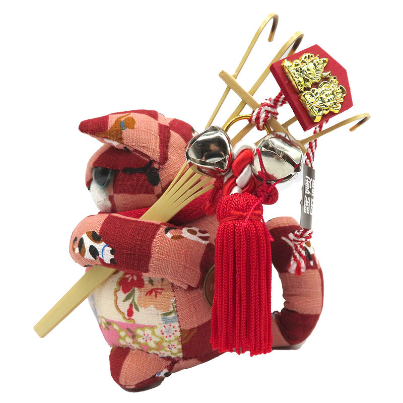 萩工房 わるねこ 熊手・鈴持ち ネコ&和花柄 座布団付き