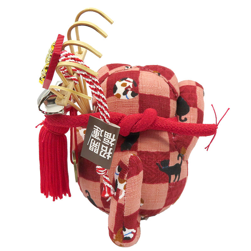 萩工房 わるねこ 熊手・鈴持ち ネコ&和花柄 座布団付き