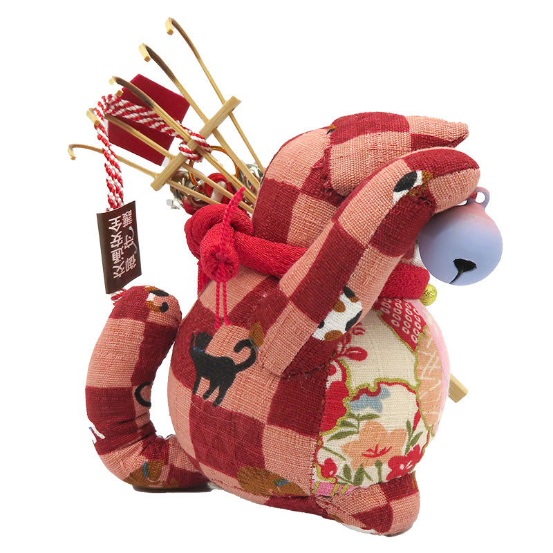 萩工房 わるねこ 熊手・鈴持ち ネコ&和花柄 座布団付き