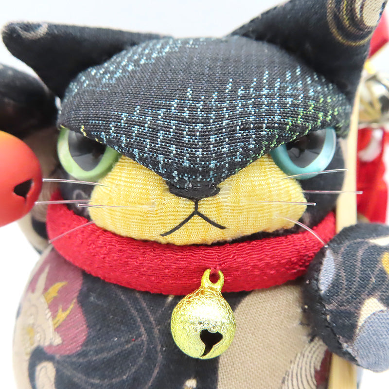 萩工房 わるねこ 熊手・鈴持ち 風神雷神柄 座布団付き