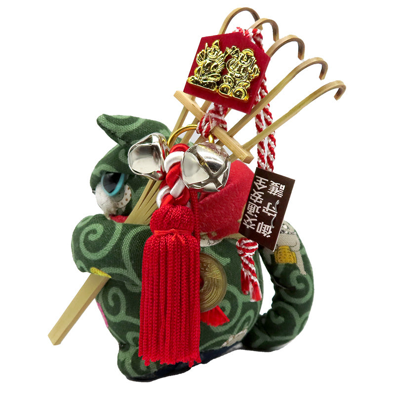 萩工房 わるねこ 熊手・鈴持ち どじょうすくい柄(鈴:オレンジ) 座布団付き