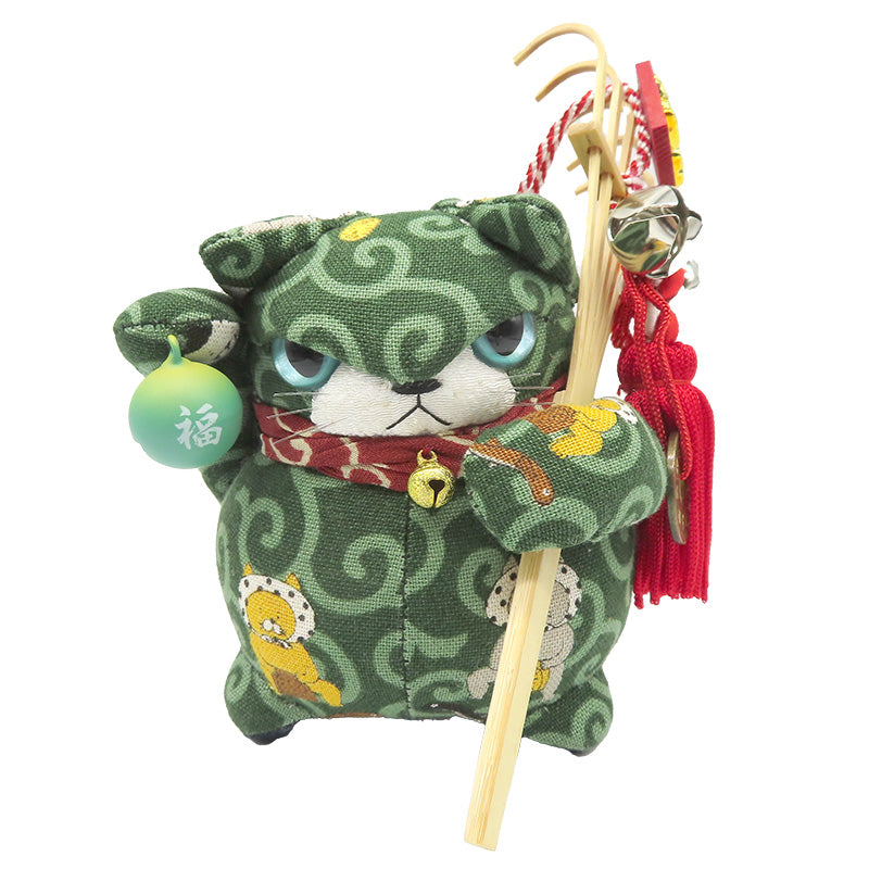 萩工房 わるねこ 熊手・鈴持ち どじょうすくい柄(鈴:みどり) 座布団付き