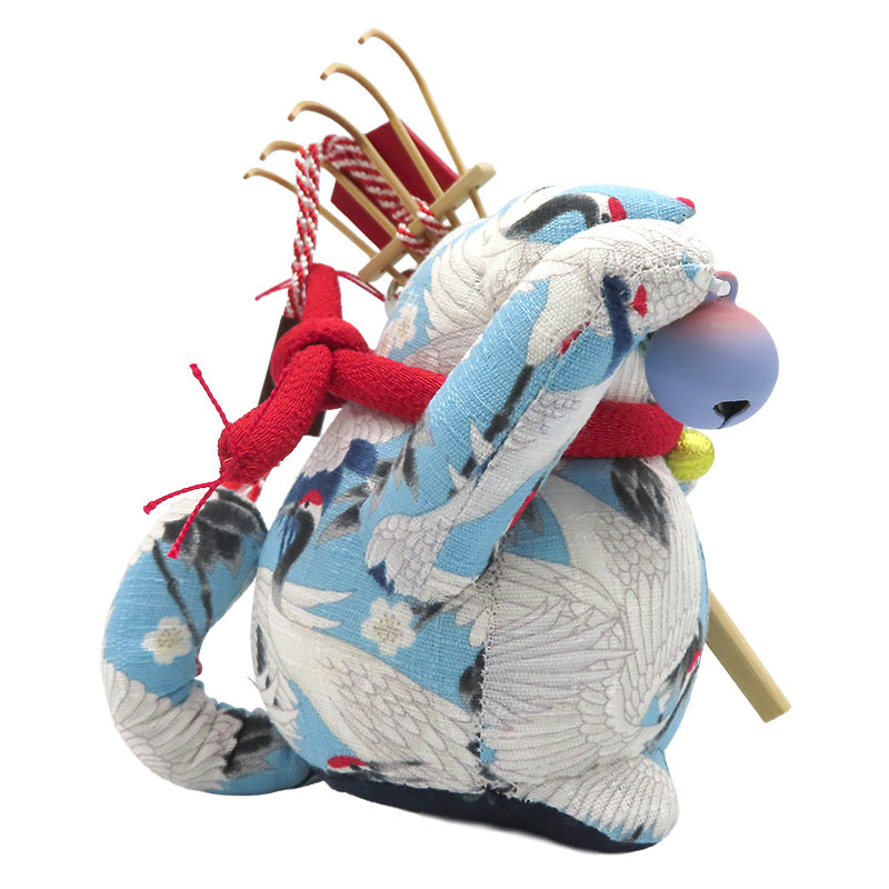 萩工房 わるねこ 熊手・鈴持ち 鶴柄:水色 座布団付き