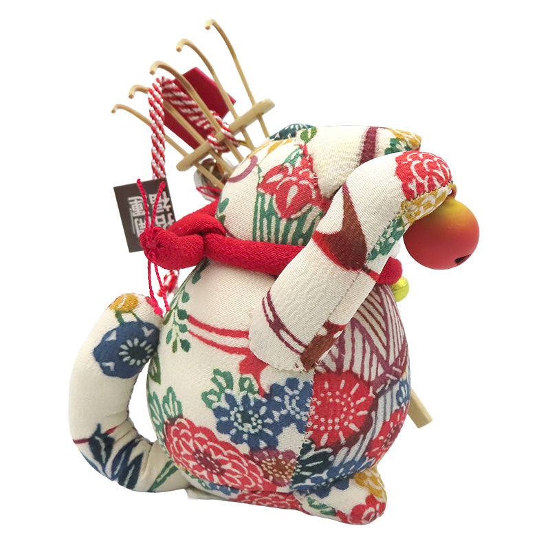 萩工房 わるねこ 熊手・鈴持ち 白地に草花柄 座布団付き