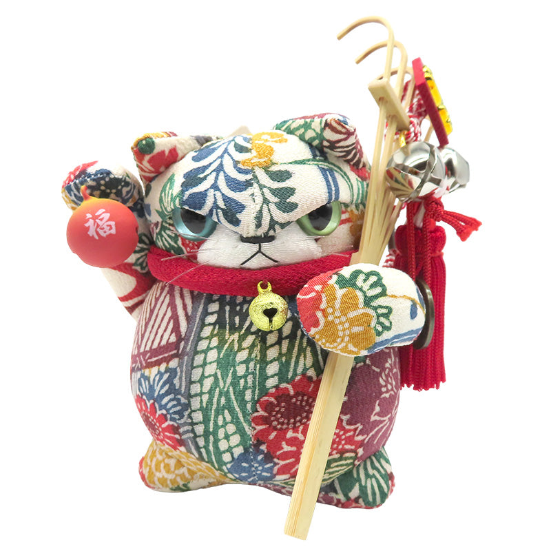 萩工房 わるねこ 熊手・鈴持ち 白地に草花柄 座布団付き