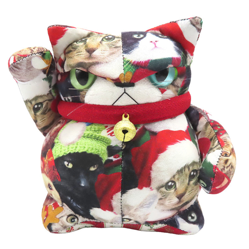 萩工房 わるねこ:中 右手上げ クリスマスねこ柄(座布団付き)
