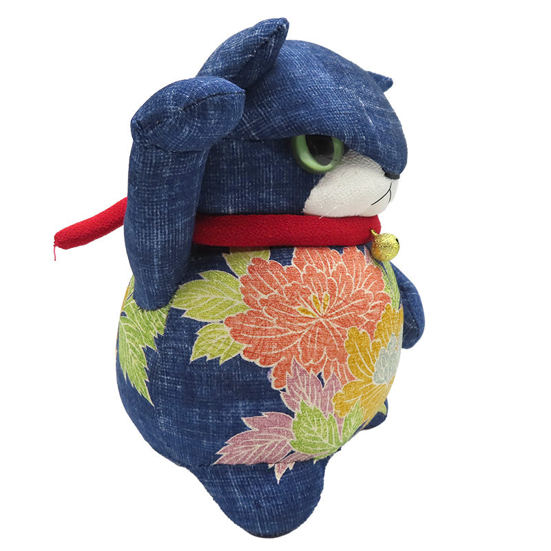 萩工房 わるねこ:大 右手上げ おなかに花柄 (座布団付き)