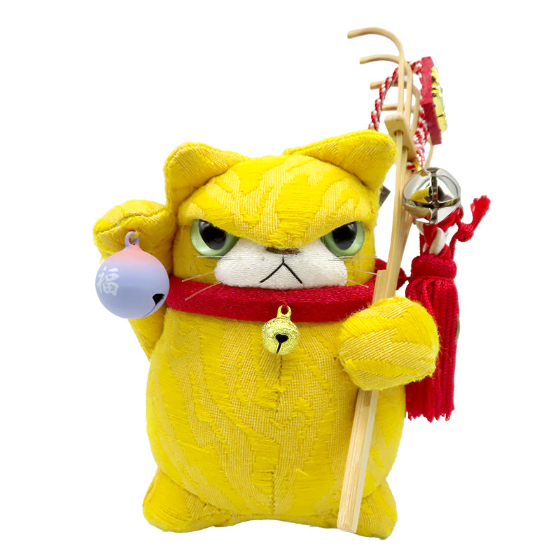 萩工房 わるねこ 熊手・鈴持ち 黄色 座布団付き