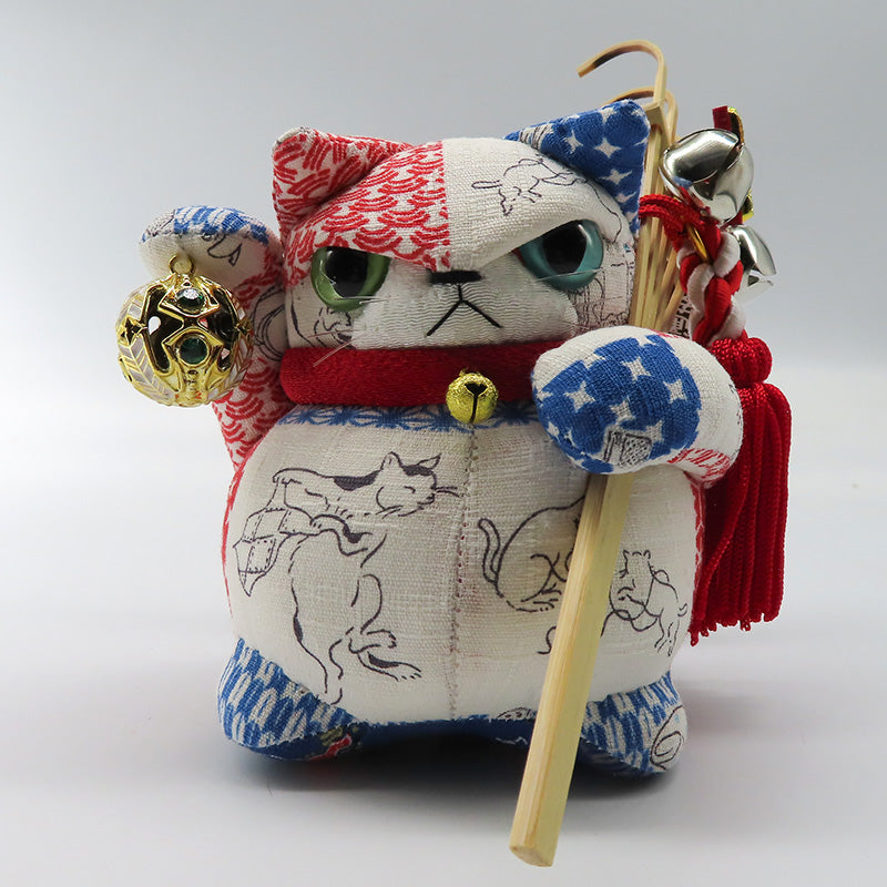 萩工房　わるねこ　熊手・鈴持ち　和ねこ柄　座布団付き