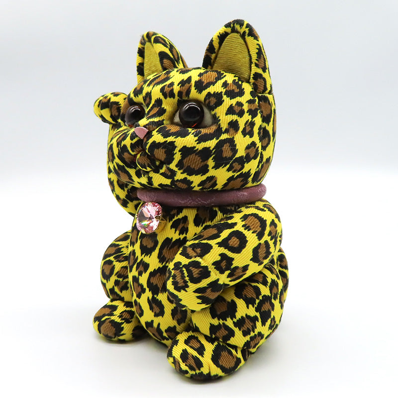 木目込み人形 招き猫 アニマルヒョウ柄 黄 大 lucky cat