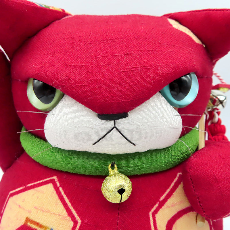 萩工房　わるねこ　熊手・鈴持ち　六角形に　座布団付き