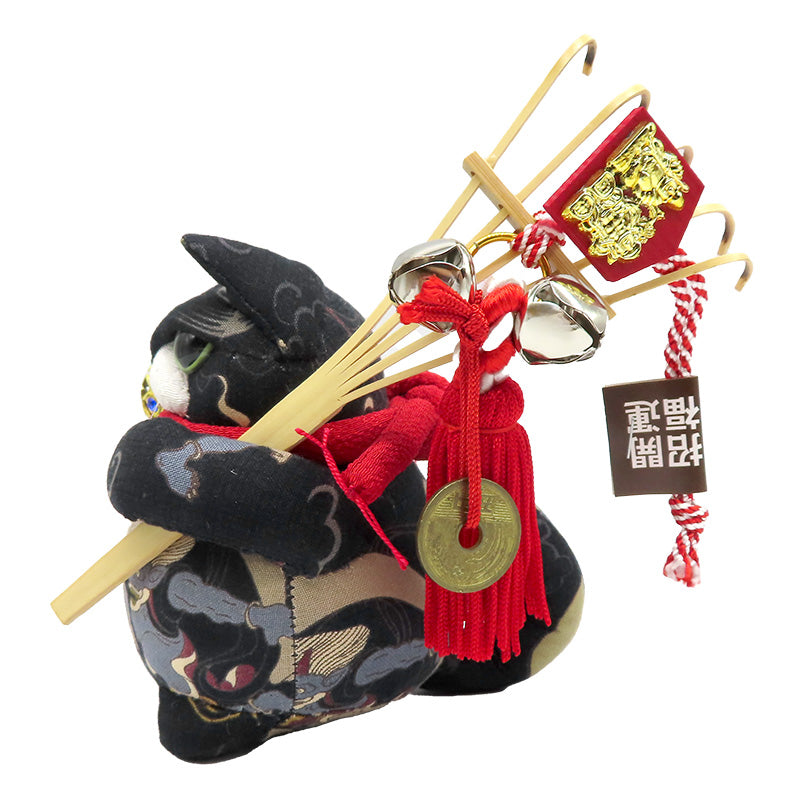 萩工房　わるねこ　熊手・鈴持ち　風神雷神柄　座布団付き