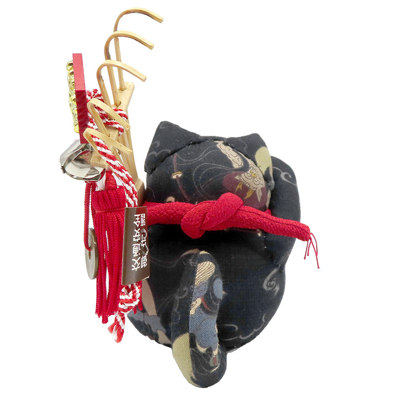 萩工房　わるねこ　熊手・鈴持ち　風神雷神柄　座布団付き