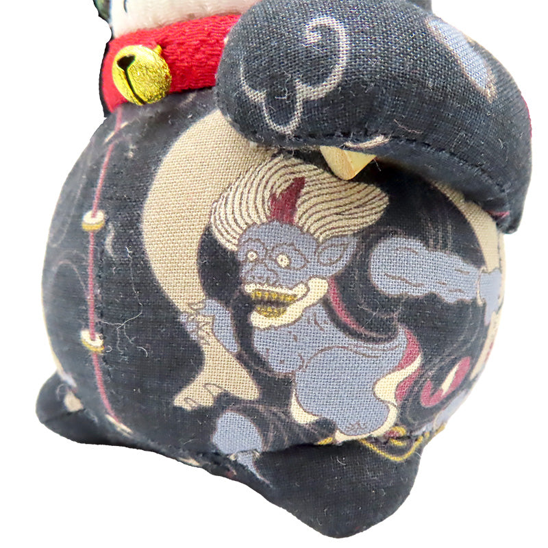 萩工房　わるねこ　熊手・鈴持ち　風神雷神柄　座布団付き