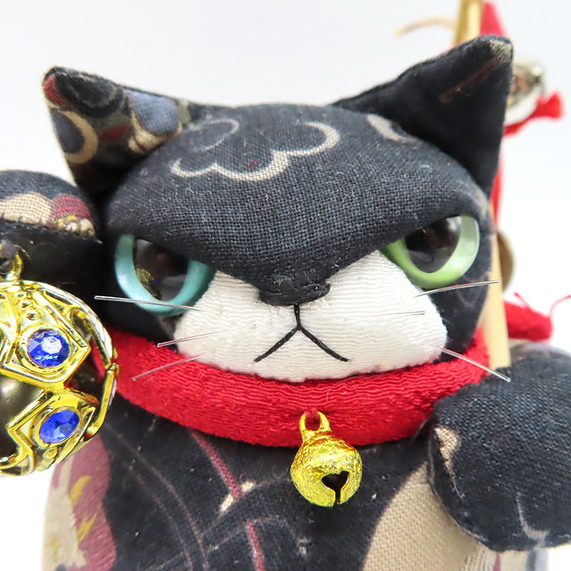 萩工房　わるねこ　熊手・鈴持ち　風神雷神柄　座布団付き