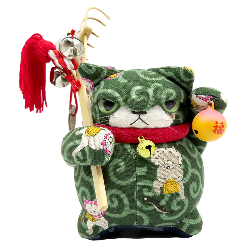 萩工房　わるねこ　熊手・鈴持ち　唐草・どじょうすくい柄　座布団付き