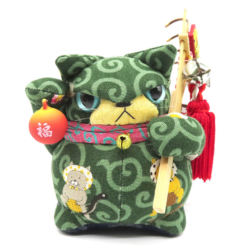 萩工房　わるねこ　熊手・鈴持ち（右手上げ）　唐草柄　座布団付き
