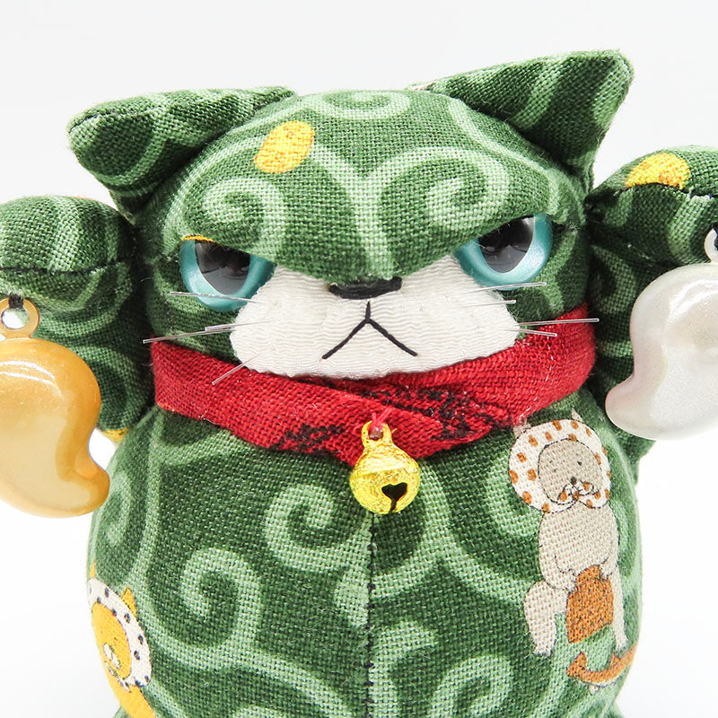 萩工房　わるねこ　鈴持ち（両手上げ）　唐草柄　座布団付き