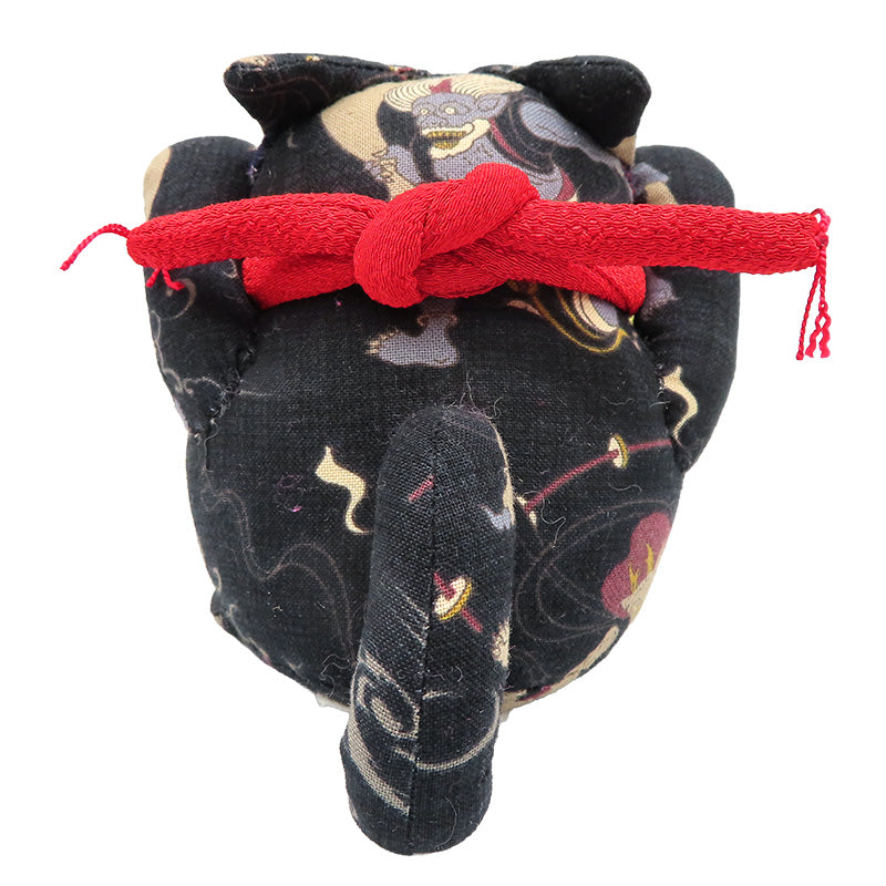 萩工房　わるねこ　鈴持ち（両手上げ）　風神雷神　座布団付き