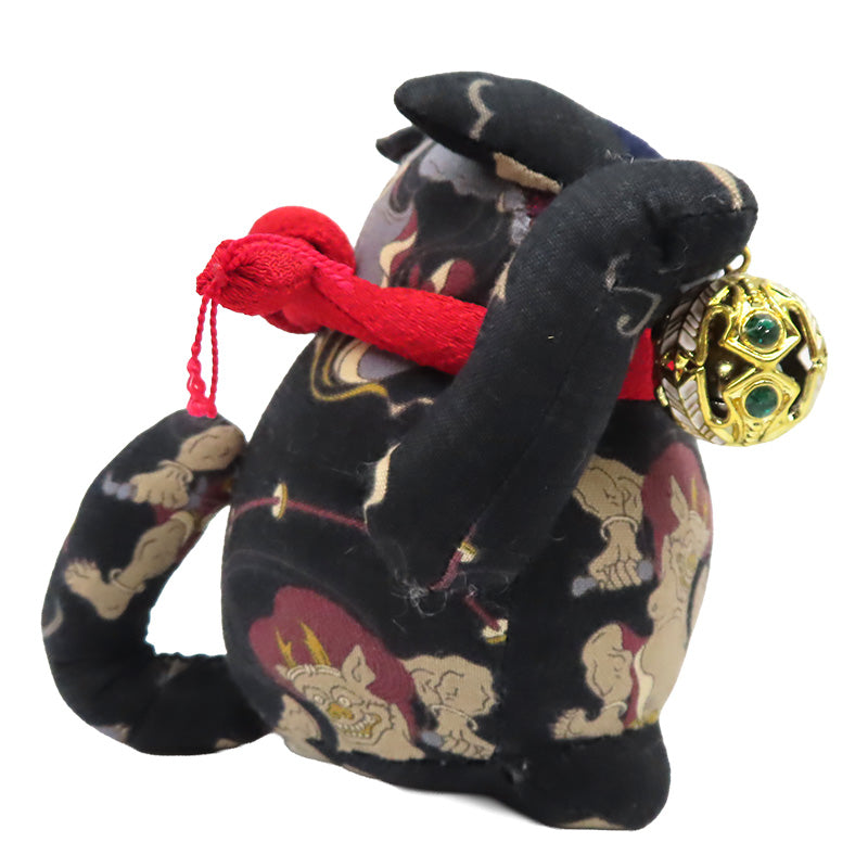 萩工房　わるねこ　鈴持ち（両手上げ）　風神雷神　座布団付き