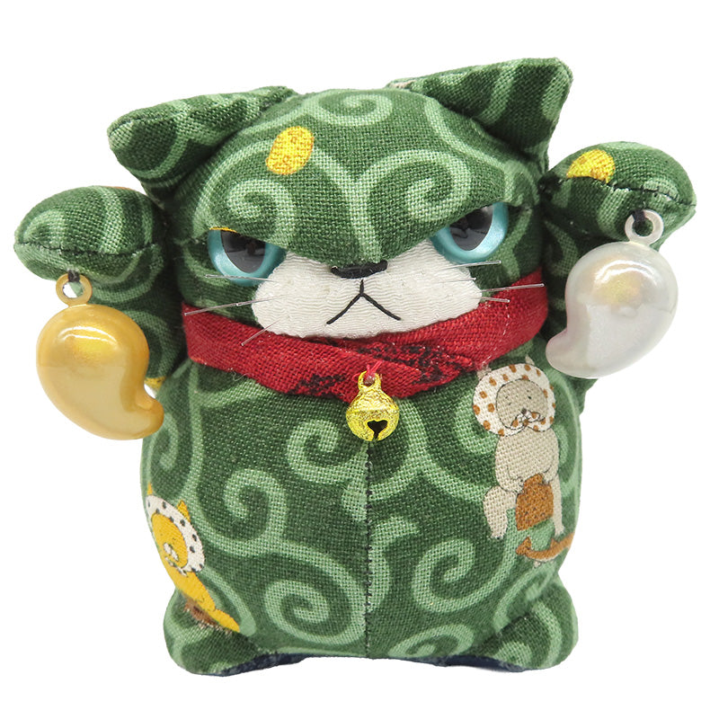 萩工房　わるねこ　勾玉持ち（両手上げ）　唐草＆どじょうすくい　座布団付き