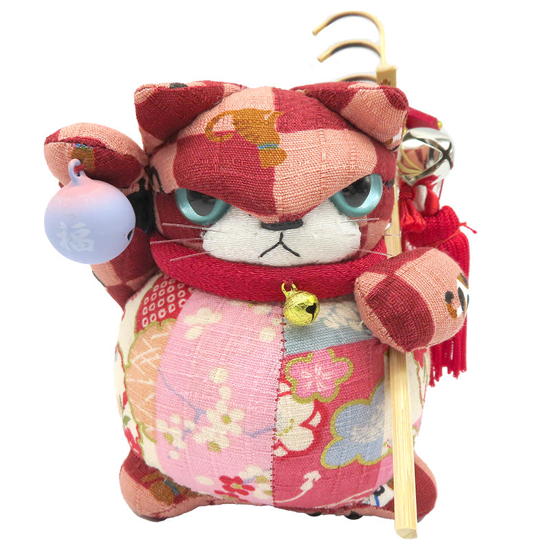 萩工房　わるねこ　熊手・鈴持ち　ネコ＆和花柄　座布団付き