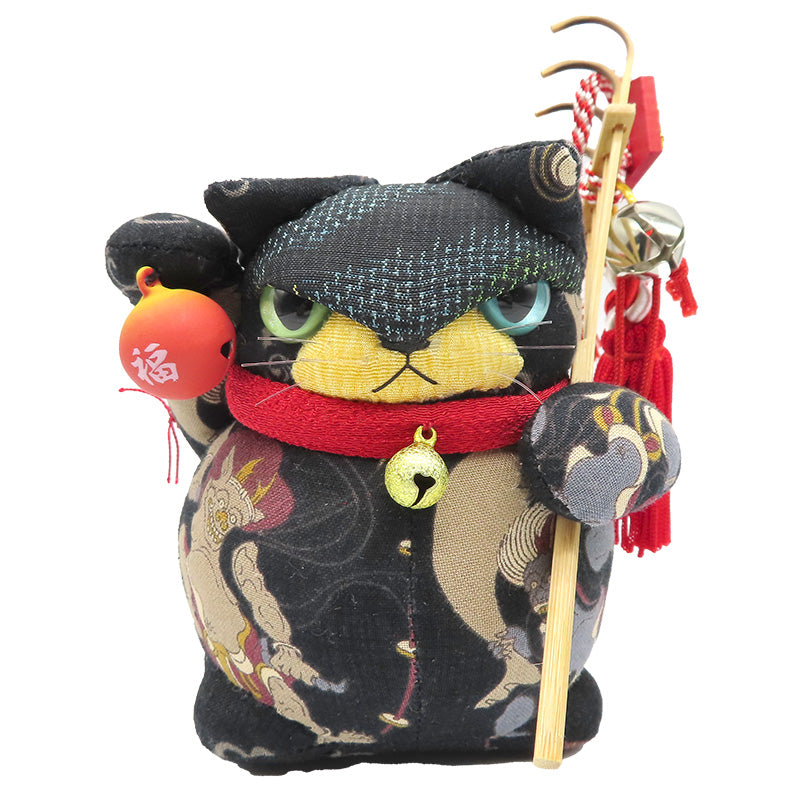 萩工房　わるねこ　熊手・鈴持ち　風神雷神柄　座布団付き