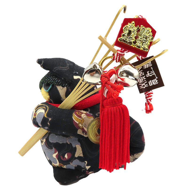 萩工房　わるねこ　熊手・鈴持ち　風神雷神柄　座布団付き