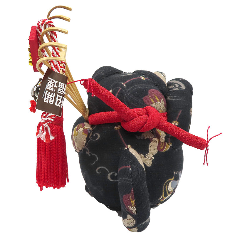 萩工房　わるねこ　熊手・鈴持ち　風神雷神柄　座布団付き