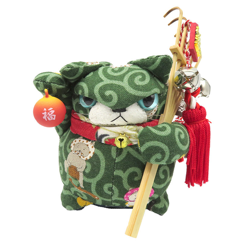 萩工房　わるねこ　熊手・鈴持ち　どじょうすくい柄（鈴：オレンジ）　座布団付き