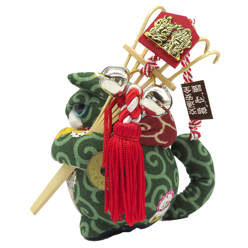 萩工房　わるねこ　熊手・鈴持ち　どじょうすくい柄（鈴：みどり）　座布団付き