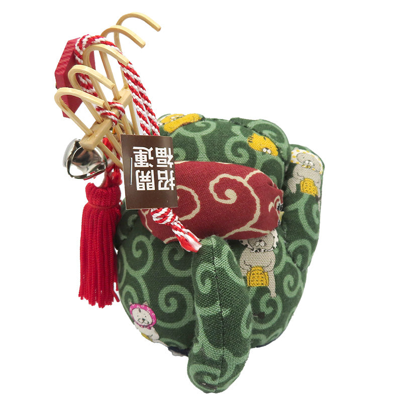 萩工房　わるねこ　熊手・鈴持ち　どじょうすくい柄（鈴：みどり）　座布団付き