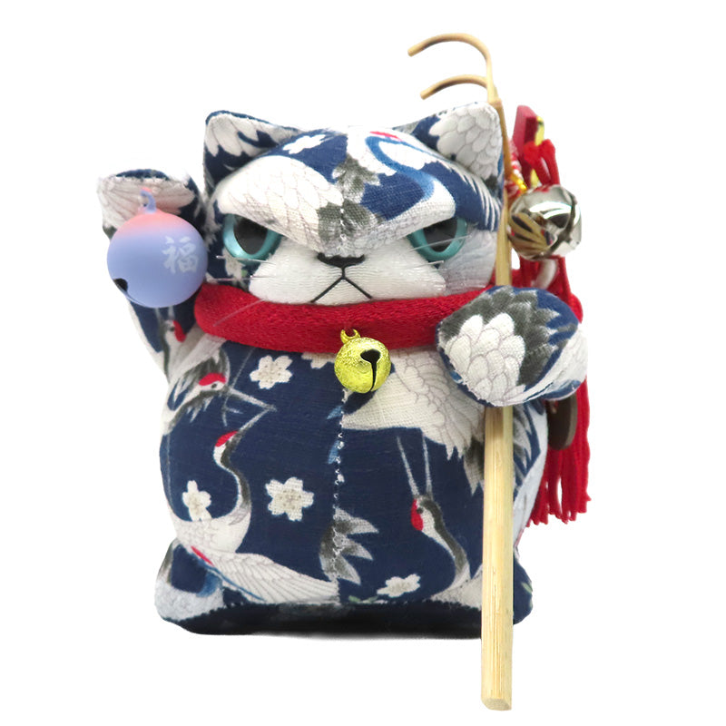 萩工房　わるねこ　熊手・鈴持ち　鶴柄：紺 座布団付き