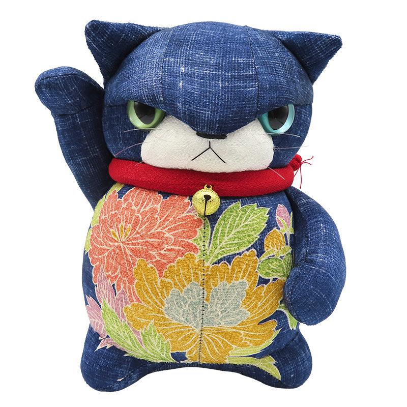 萩工房　わるねこ：大　右手上げ おなかに花柄　(座布団付き)
