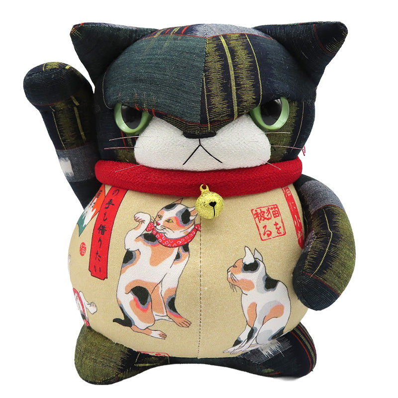 萩工房　わるねこ：大　右手上げ・お腹に猫柄　(座布団付き)