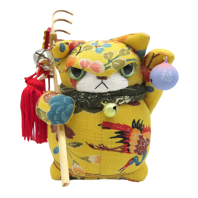 萩工房　わるねこ　熊手・鈴持ち　琉球紅型風　座布団付き