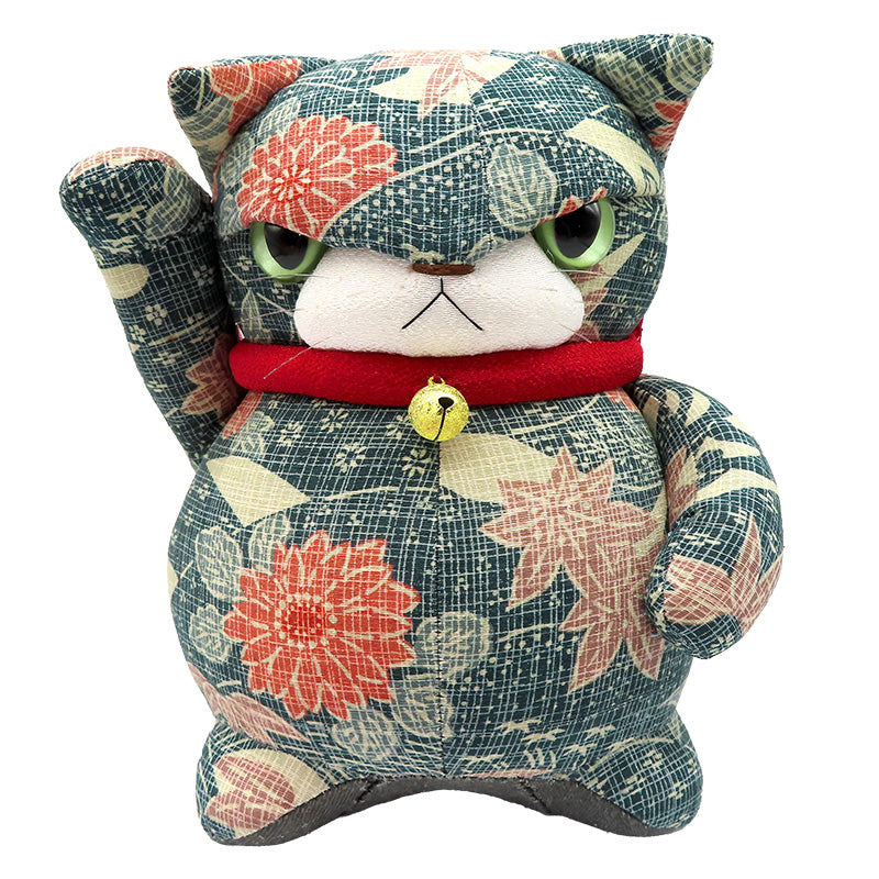 萩工房　わるねこ：大　右手上げ・お腹に紅葉と菊柄　(座布団付き)