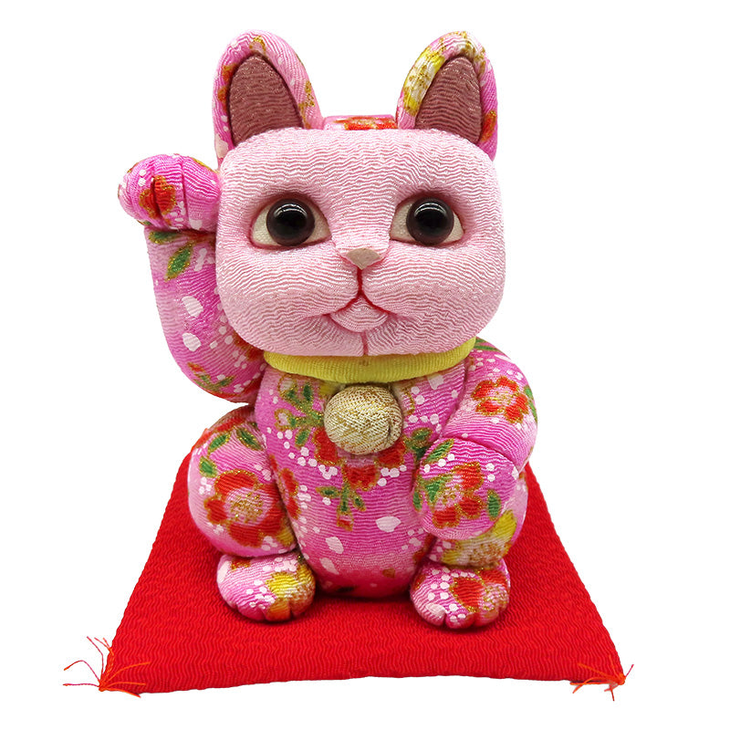 木目込み人形　招き猫  中 ちりめん友禅 桃 lucky cat