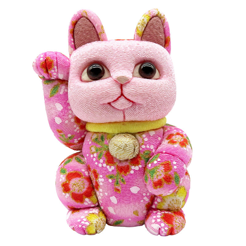 木目込み人形　招き猫  中 ちりめん友禅 桃 lucky cat