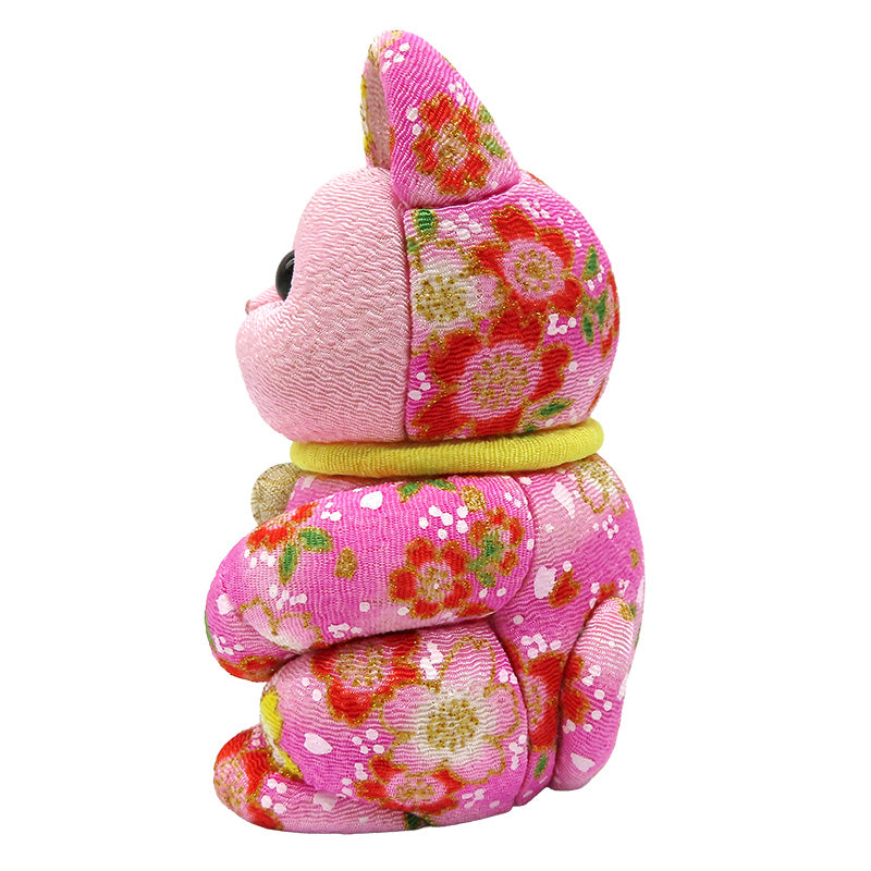 木目込み人形　招き猫  中 ちりめん友禅 桃 lucky cat