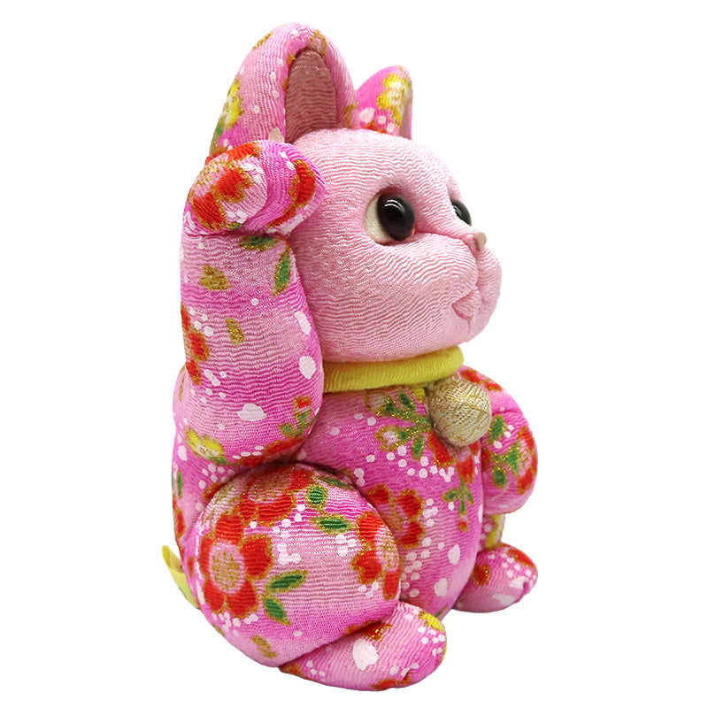 木目込み人形　招き猫  中 ちりめん友禅 桃 lucky cat