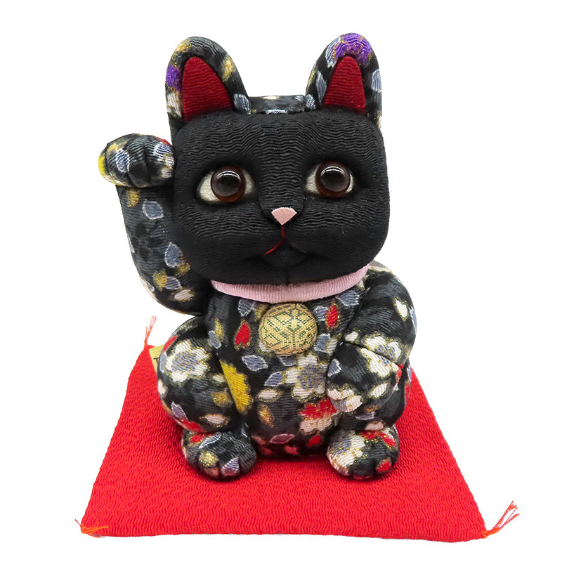 木目込み人形　招き猫  中 ちりめん友禅 黒 lucky cat
