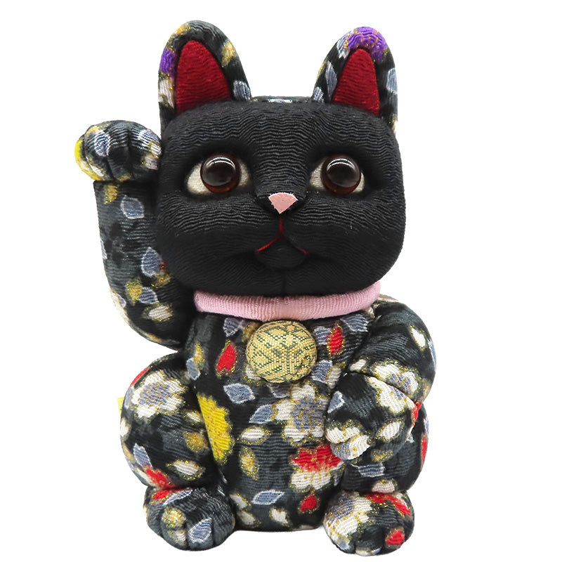 木目込み人形　招き猫  中 ちりめん友禅 黒 lucky cat