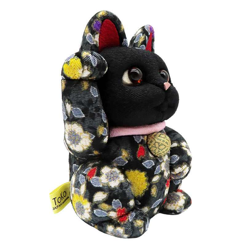 木目込み人形　招き猫  中 ちりめん友禅 黒 lucky cat
