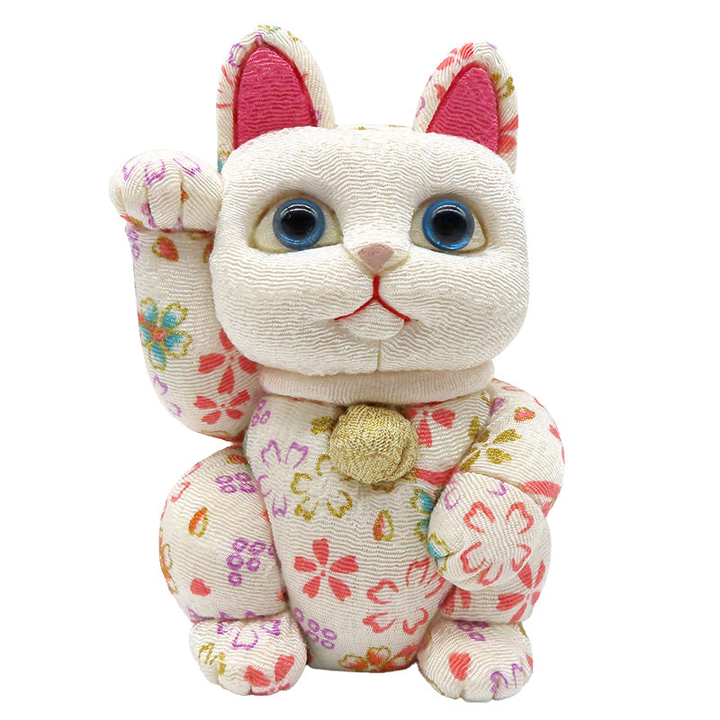 木目込み人形　招き猫  中 ちりめん友禅 白 lucky cat